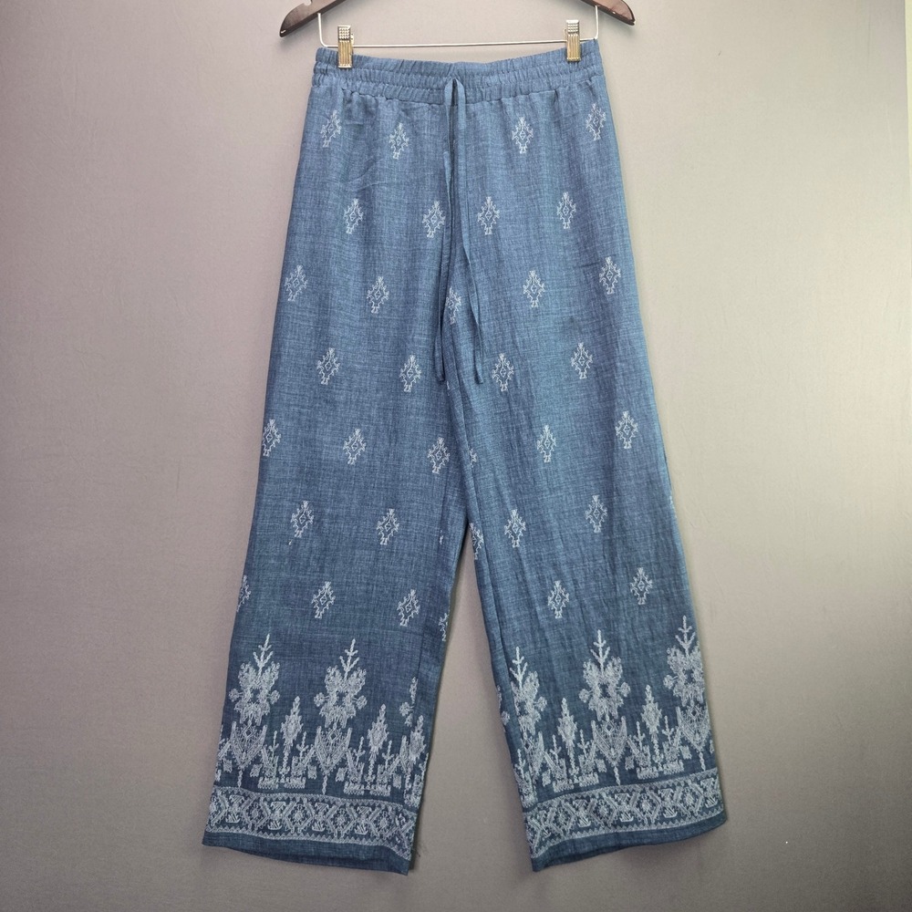 NYCC Wide Leg Pants S Blue Embroidered Boho Drawstring 78320 New York Clothing